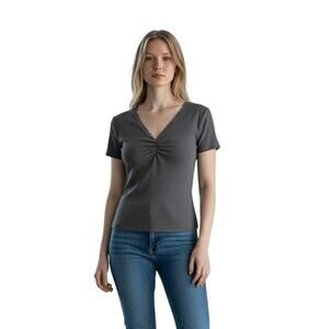 Vibe Sportswear Women’s Gray Ribbed T Shirt with Lace V Neck Size M